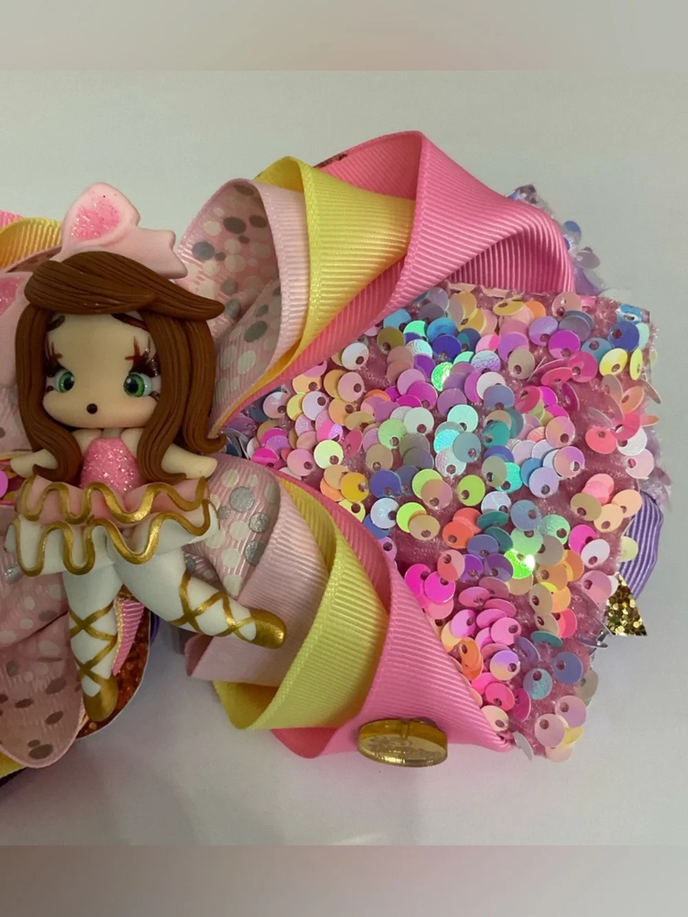 Girls Big Bow Clay Doll Ballerina Barrette Clip Handmade